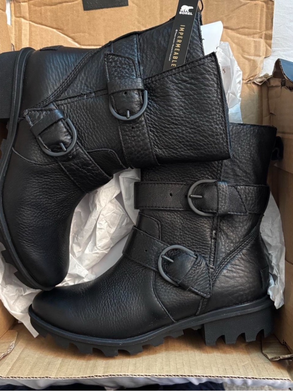 Sorel Black Leather Buckle Combat Boots
